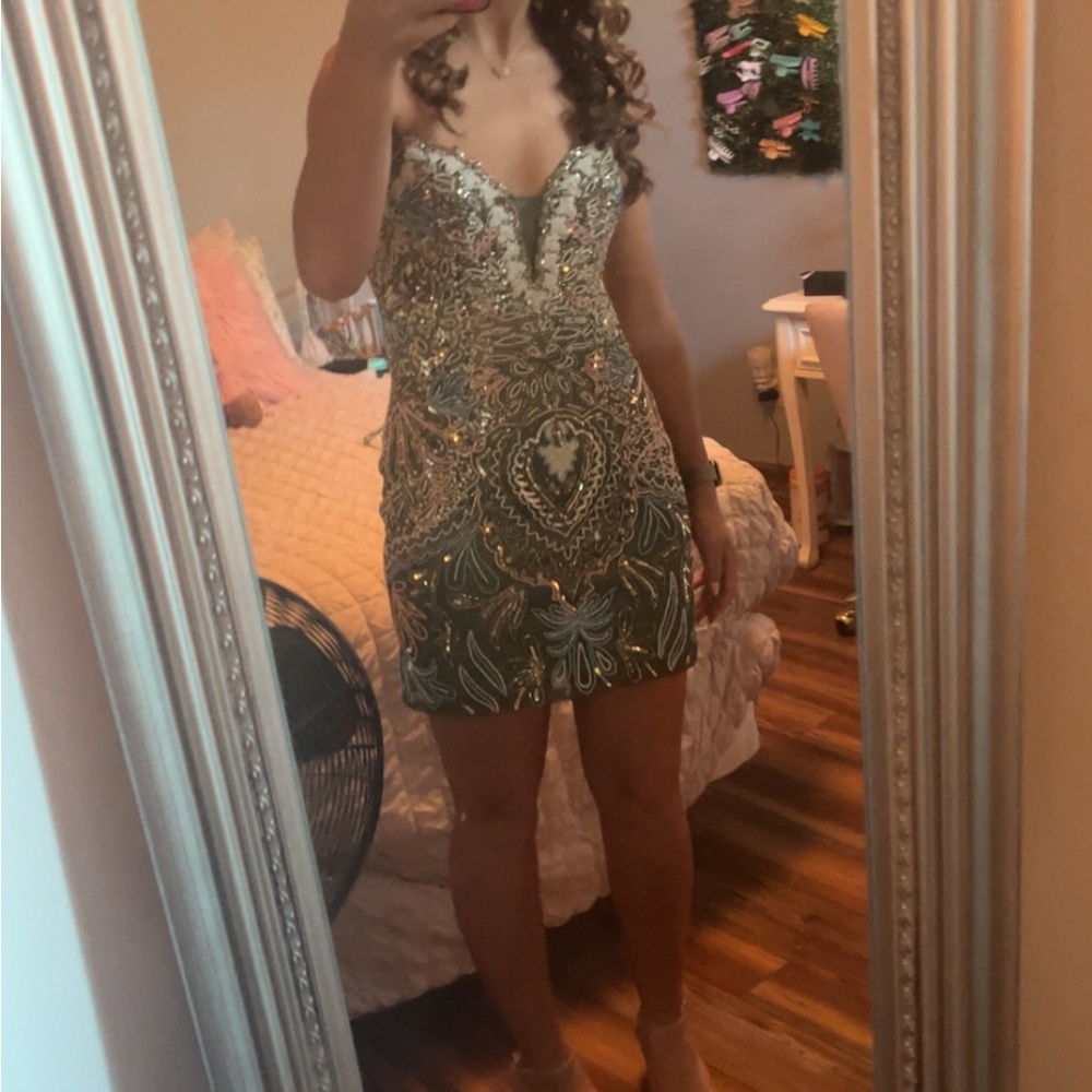 Primavera Couture Strapless Green and Gold Dress